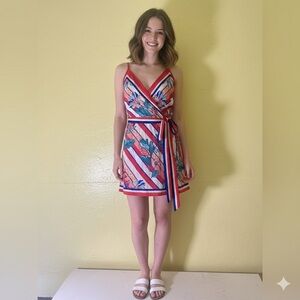 Flying Tomato Red and Blue Floral Wrap Belted Romper Size Large